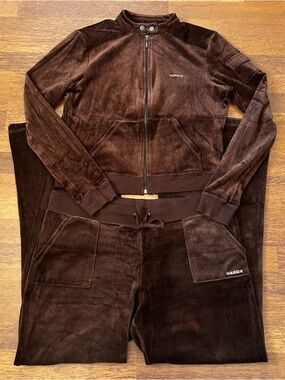Guess Jeans Y2K Brown Velour Zip-Up Jacket & Drawstring Pants